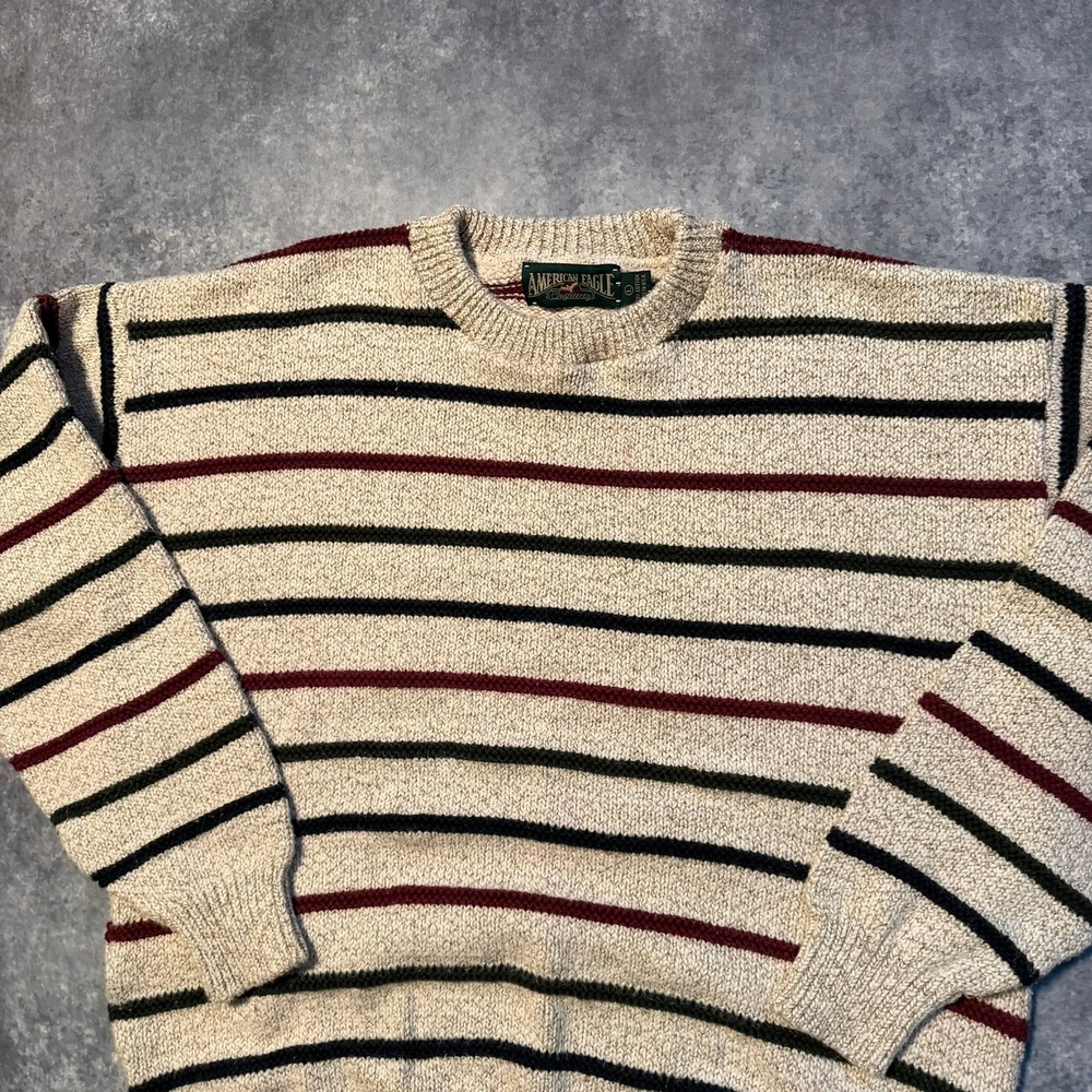 Vintage American Eagle Striped‎ Cotton Knit Sweater Mens Large USA Made